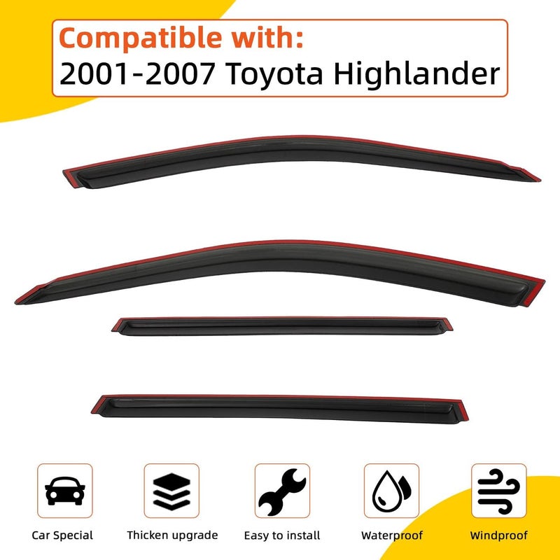 PLDDE Rain Guards Compatible with 2001-2007 Highlander Tape-On Side Window Visor Wind Deflector Vent Visors Car Accessories 4pcs - Image 2